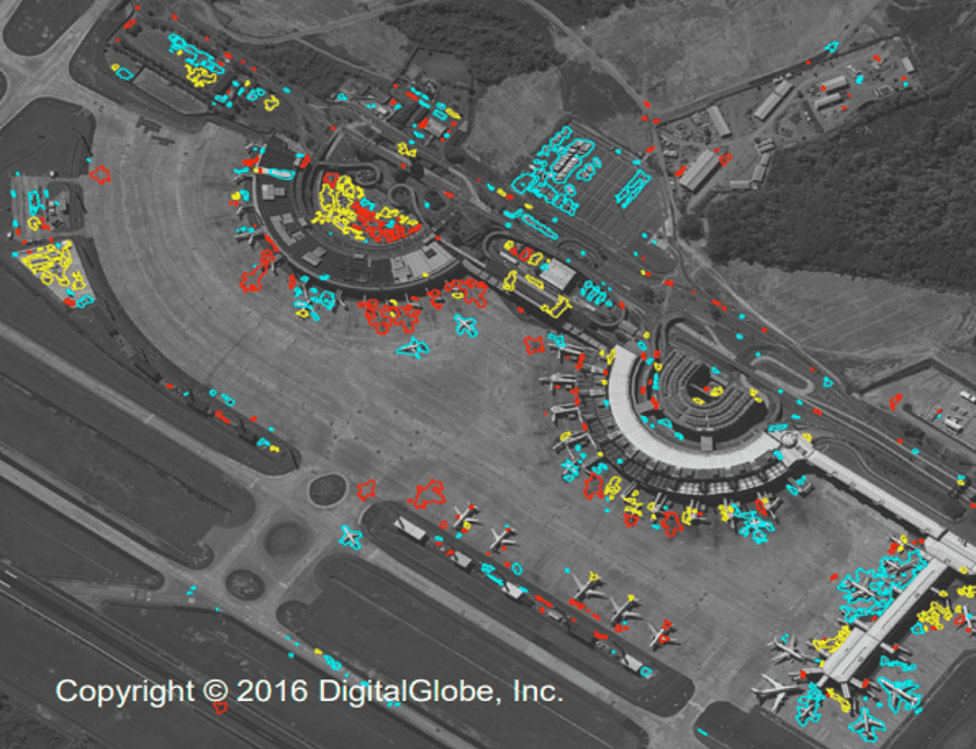 Figure 4: A raster image of EOCD software highlight the changes at the Rio de Janerio Airport. Vehicles and aircraft arrivals (blue) and departures (red) can be easily identified. (Courtesy of Observera)