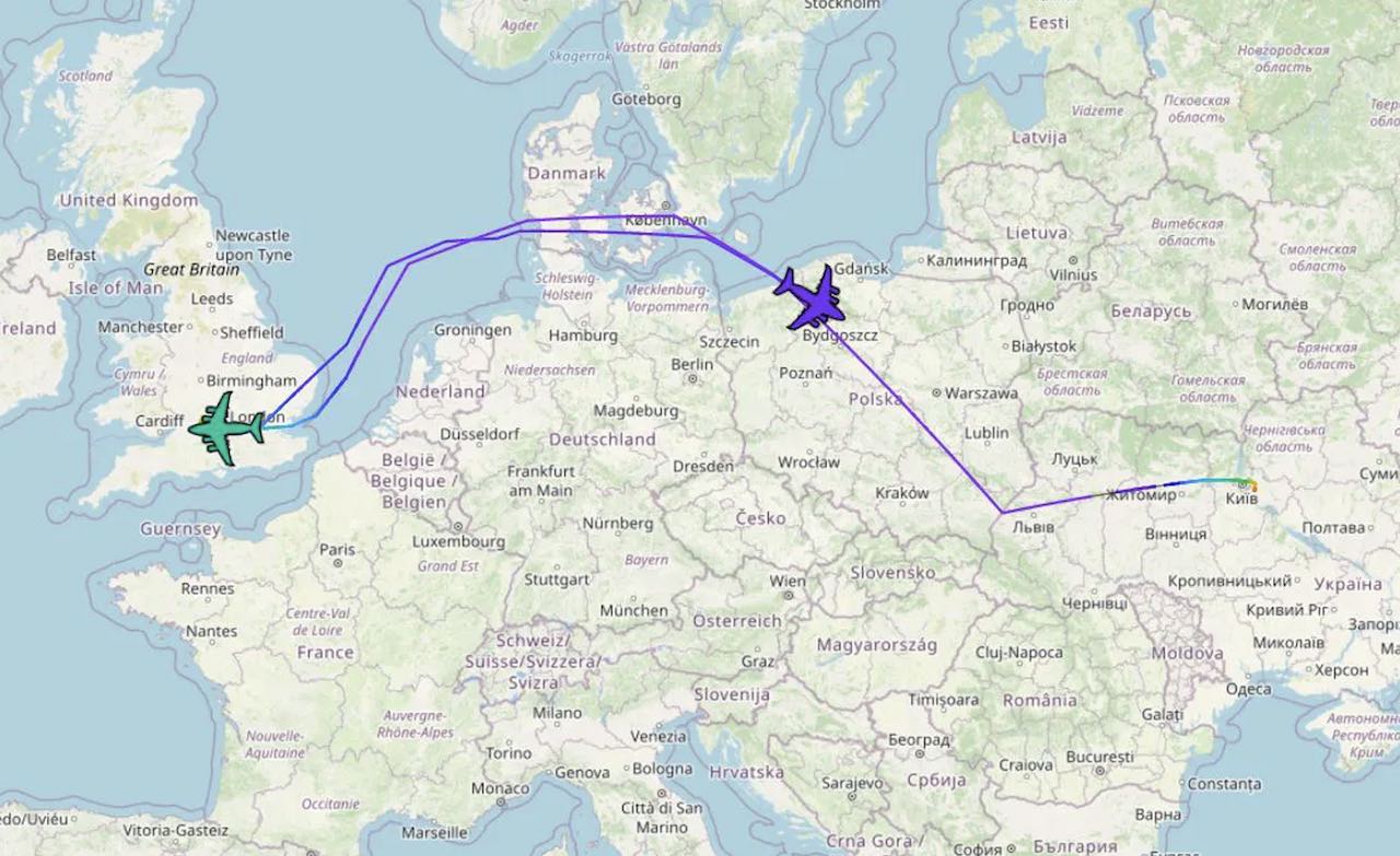 Figure 1. Screenshot of flight tracking software showing two British C-17s in flight at various part of their journeys to and from Ukraine (Source: UK Defence Journal)