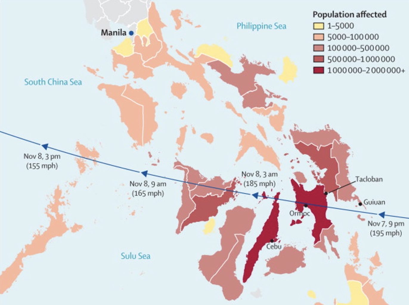 Figure 4 Path of typhoon Haiyan and the population affected