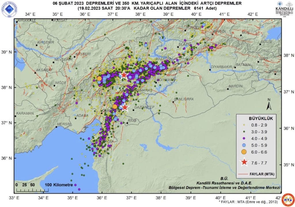Figure 1. 6th February Earthquakes and Aftershocks within a Radius of 350 km (Kandilli Observatory and Earthquake Research Institute) Large