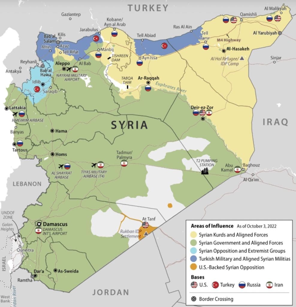 Figure 4 Approximate areas of influence in Syria as of October 3, 2022. Retrieved from Humud (2022) Large